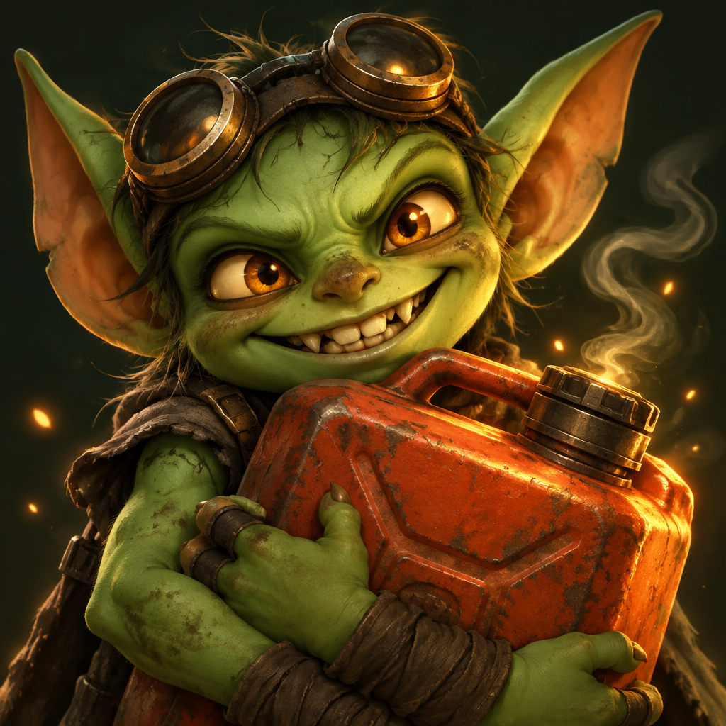 A mischievous green goblin hugging an orange fuel can